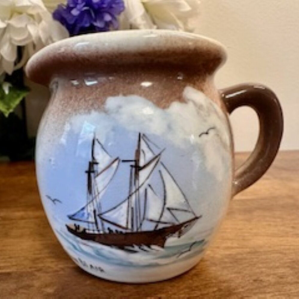 Jan Blair Canadian Pottery Pitcher‎ Signed Hand Painted Ship Vintage Maritime